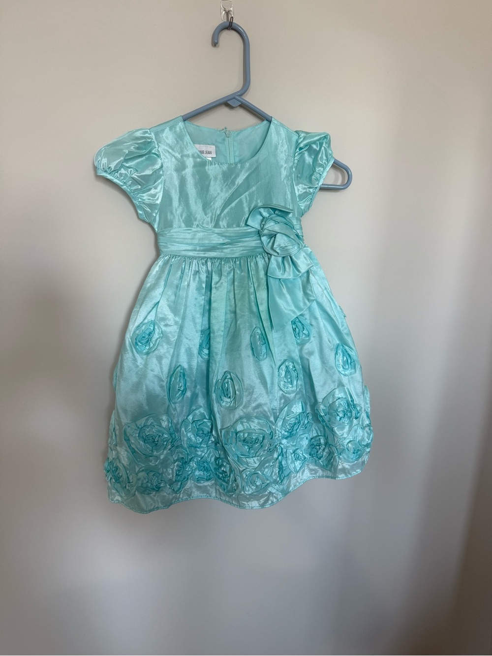 Bonnie Jean Aqua Satin Floral Rosette Party Dress